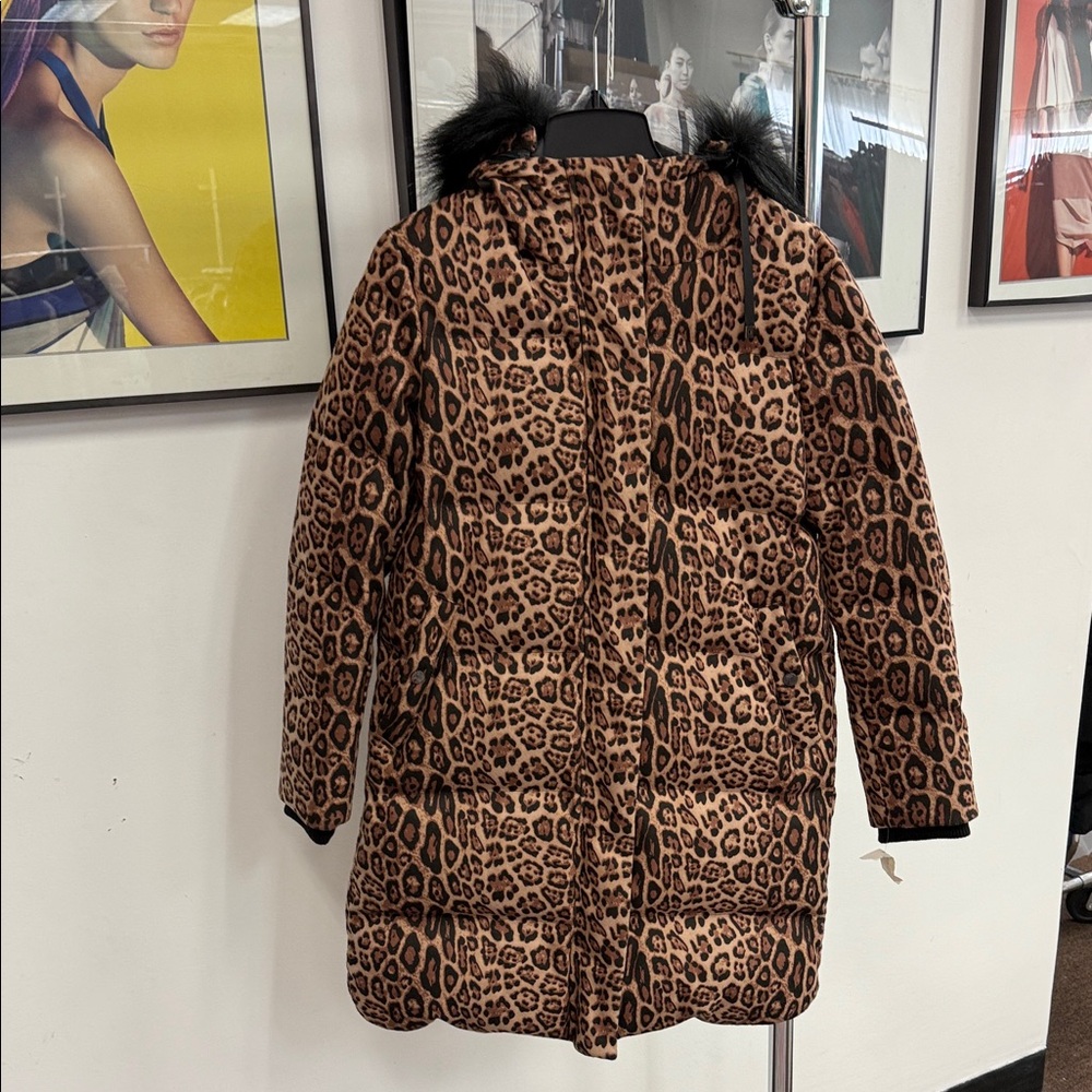 Diane Von Furstenberg Animal Print Puffer Coat hoodie faux fur removable SPL